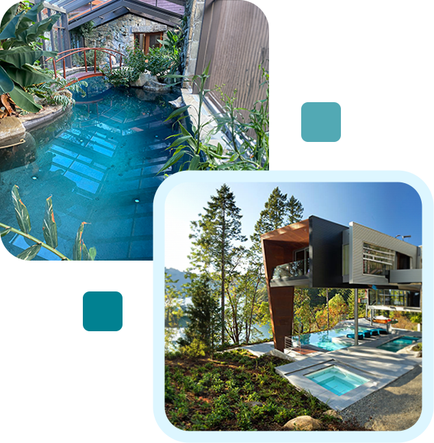 Collage of modern houses with outdoor swimming pools.