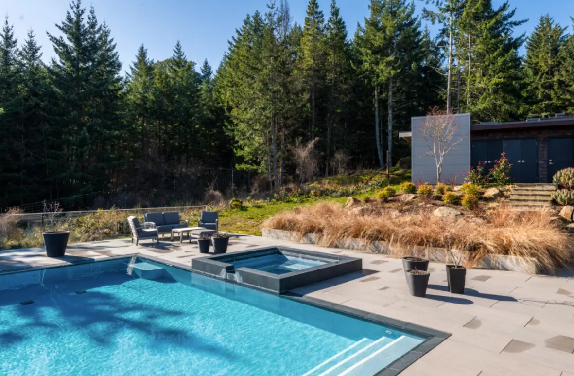 Modern poolside area with loungers overlooking a forest.